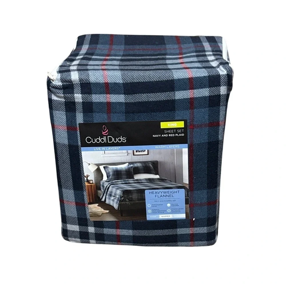 Cuddl Duds Blue and Red Plaid Flannel King Sheet Set Winter Fall GIFT NWT